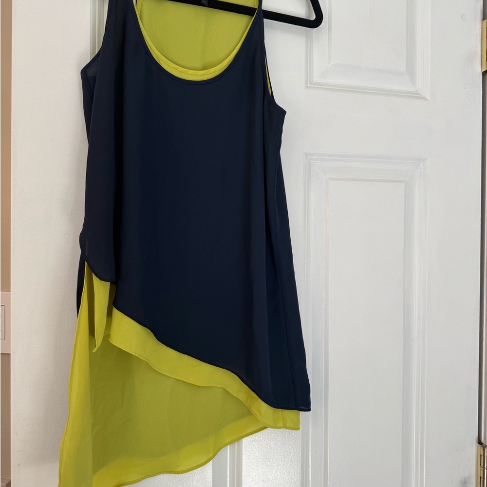 BCBGMaxAzria Dark Blue and Bright Yellow Asymmetrical Tank Top